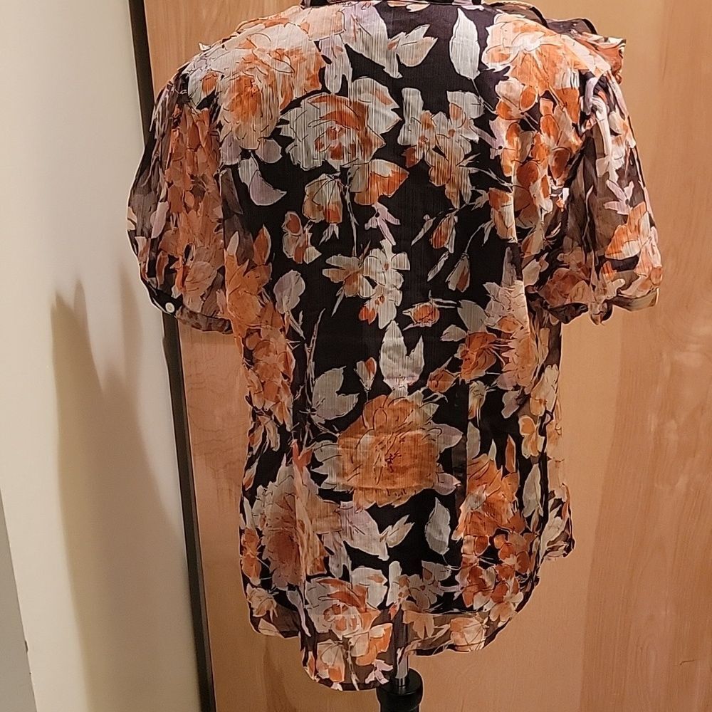 Ralph Lauren Floral Ruffle Blouse - Orange and Black Sz 12 - Picture 3 of 7